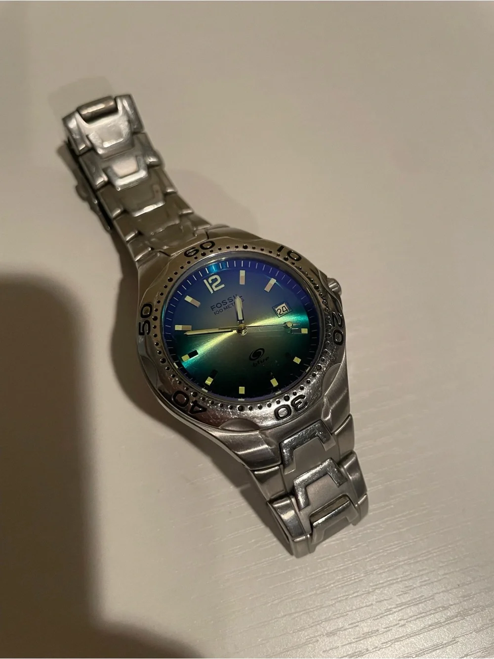 Fossil Iridescent Blue Dial Stainless Steel Watch